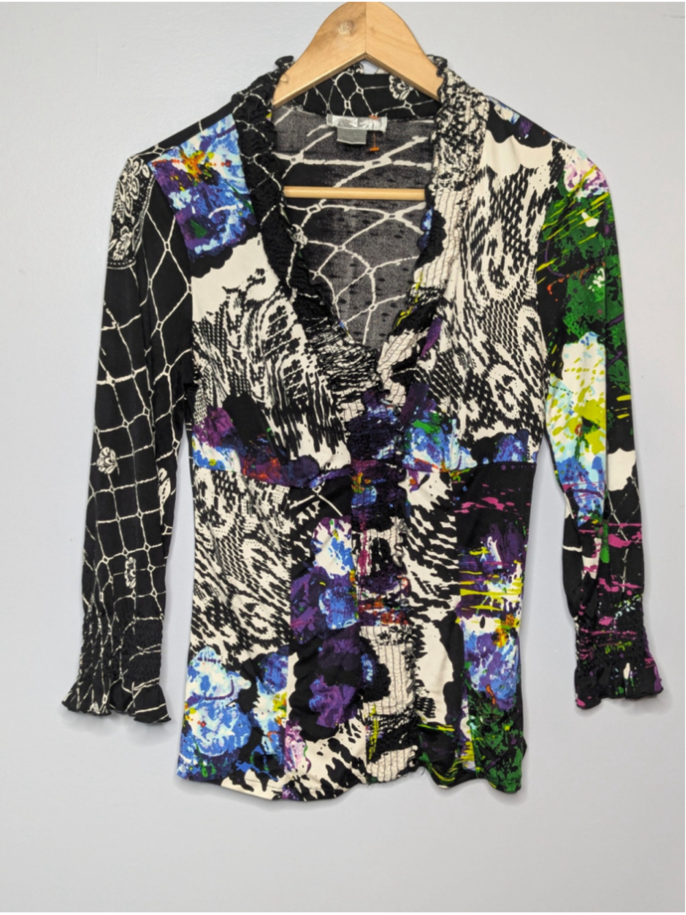 Vintage Alberto Makali Y2K Luxury 100% Silk Multi-Print Ruffle Blouse M